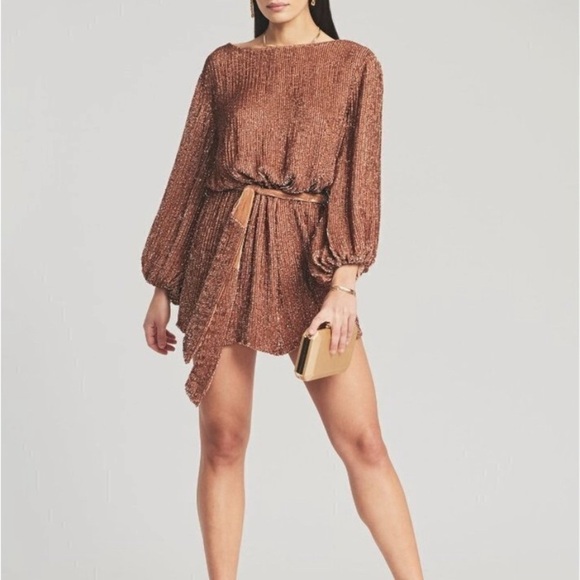 Retrofete Grace Sequin Long Sleeve Mini Dress with Velvet Tie Belt Bronze SizeXS - Picture 12 of 14